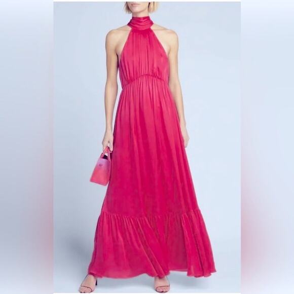 Zimmermann Magenta Red Silk Halter Bow Tie Gathered Maxi Gown Flowing - Picture 1 of 12